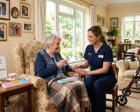 A warm and inviting home care scene featuring an elderly senior woman sitting comfortably in a bright living room while a professional caregiver assists her with a medication schedule. Family photos decorate the walls, natural sunlight streams through large windows, and the atmosphere conveys safety, dignity, independence, and compassion. Include subtle elements representing assisted living, memory care, and senior support such as a medication organizer, a walking aid, and a calendar with reminders. Modern residential interior, realistic photography style, high detail, professional healthcare lifestyle image, soft natural lighting, warm color palette, trustworthy and comforting mood, 4K quality, magazine-quality composition, no text, no watermark.