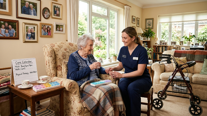 A warm and inviting home care scene featuring an elderly senior woman sitting comfortably in a bright living room while a professional caregiver assists her with a medication schedule. Family photos decorate the walls, natural sunlight streams through large windows, and the atmosphere conveys safety, dignity, independence, and compassion. Include subtle elements representing assisted living, memory care, and senior support such as a medication organizer, a walking aid, and a calendar with reminders. Modern residential interior, realistic photography style, high detail, professional healthcare lifestyle image, soft natural lighting, warm color palette, trustworthy and comforting mood, 4K quality, magazine-quality composition, no text, no watermark.