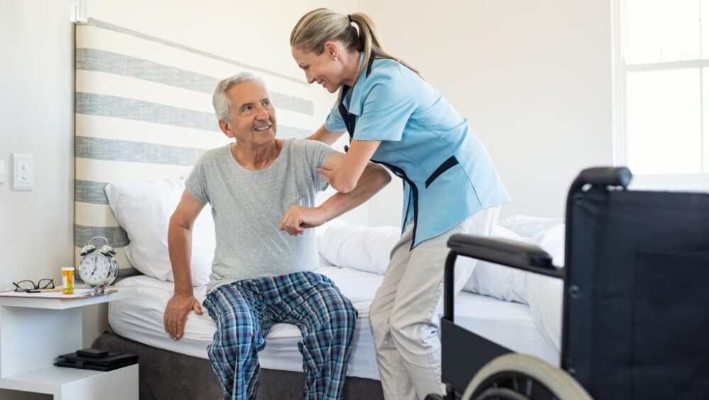 Caregiver giving individual attention to an elderly resident in a senior home