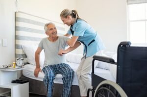 Caregiver giving individual attention to an elderly resident in a senior home