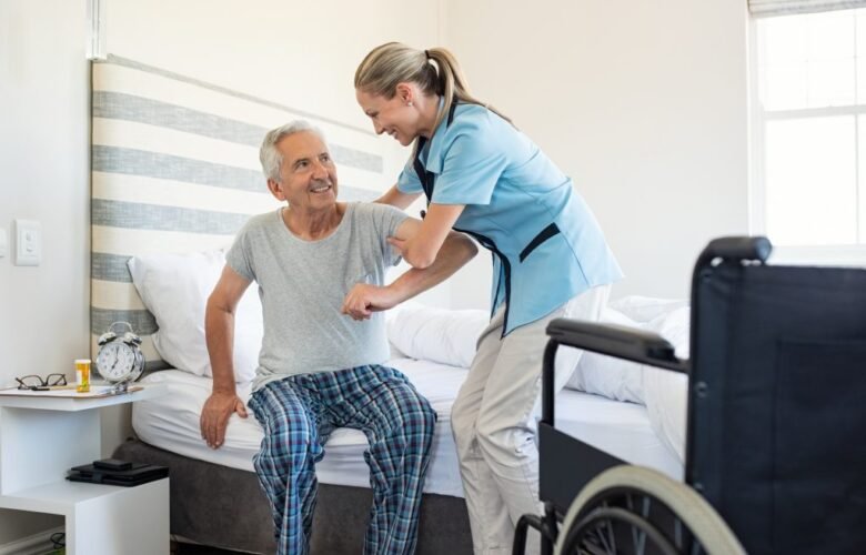 Caregiver giving individual attention to an elderly resident in a senior home