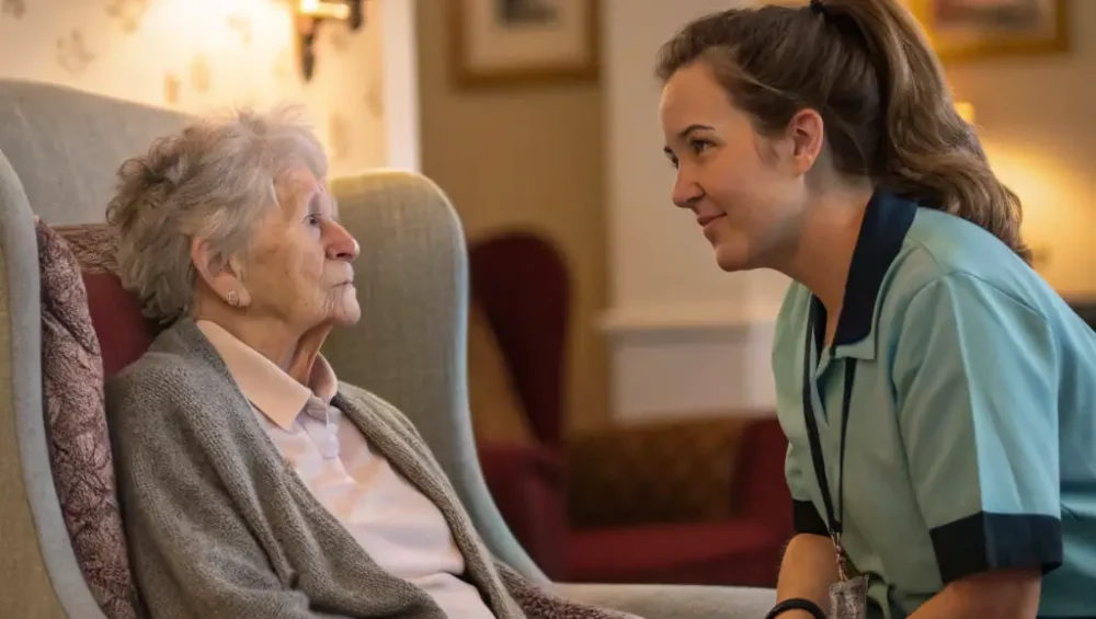 Caregiver giving individual attention to an elderly resident in a senior home