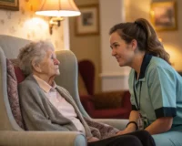 Caregiver giving individual attention to an elderly resident in a senior home