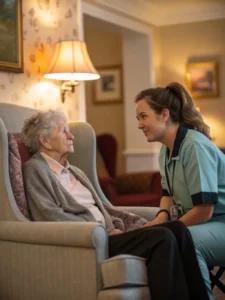 Caregiver giving individual attention to an elderly resident in a senior home