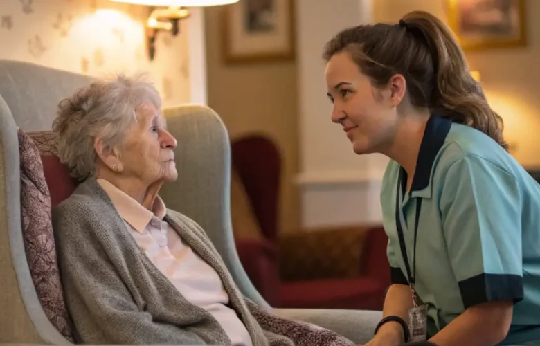 Caregiver giving individual attention to an elderly resident in a senior home