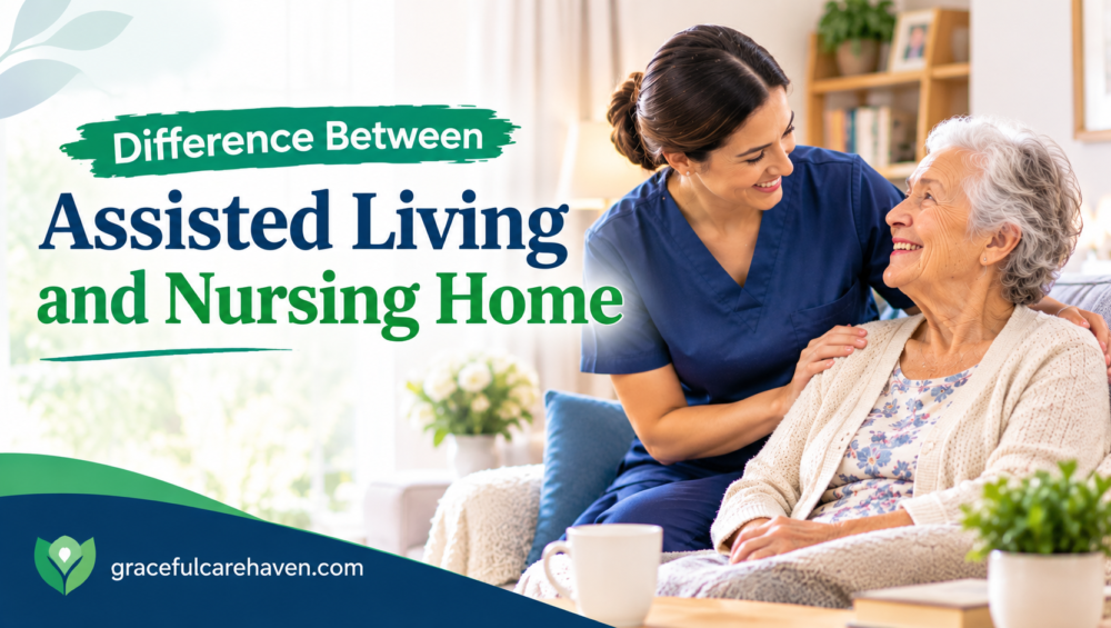 Senior couple walking with caregiver in assisted living community in Maryland