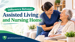 Senior couple walking with caregiver in assisted living community in Maryland